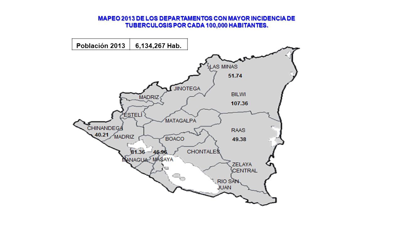 MAPEO 2013 DE LOS DEPARTAMENTOS CON MAYOR INCIDENCIA DE TUBERCULOSIS POR CADA 100,000 HABITANTES.