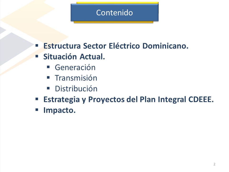 Contenido Estructura Sector Eléctrico Dominicano. Situación Actual. Generación. Transmisión. Distribución.