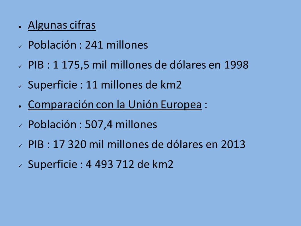 Algunas cifras Población : 241 millones. PIB : 1 175,5 mil millones de dólares en Superficie : 11 millones de km2.