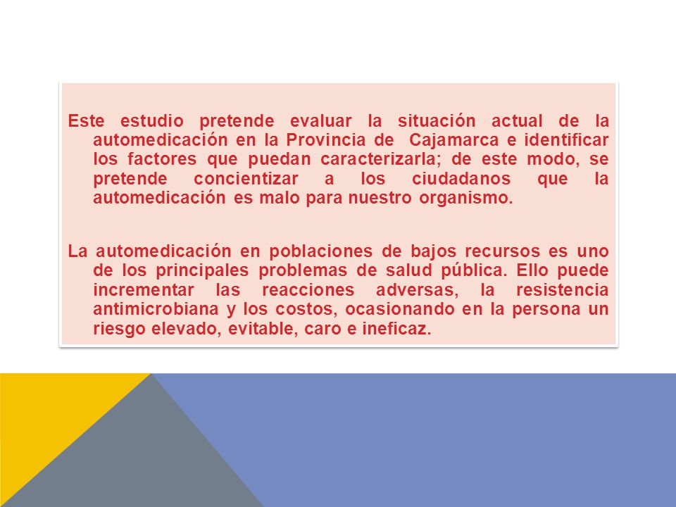 Este estudio pretende evaluar la situación actual de la automedicación en la Provincia de Cajamarca e identificar los factores que puedan caracterizarla; de este modo, se pretende concientizar a los ciudadanos que la automedicación es malo para nuestro organismo.