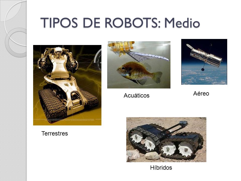 TIPOS DE ROBOTS: Medio Aéreo Acuáticos Terrestres Híbridos