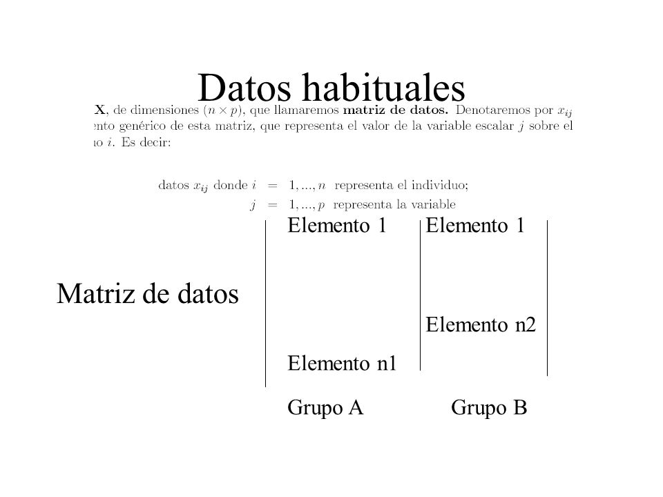 Datos habituales Matriz de datos Elemento 1 Elemento 1 Elemento n2