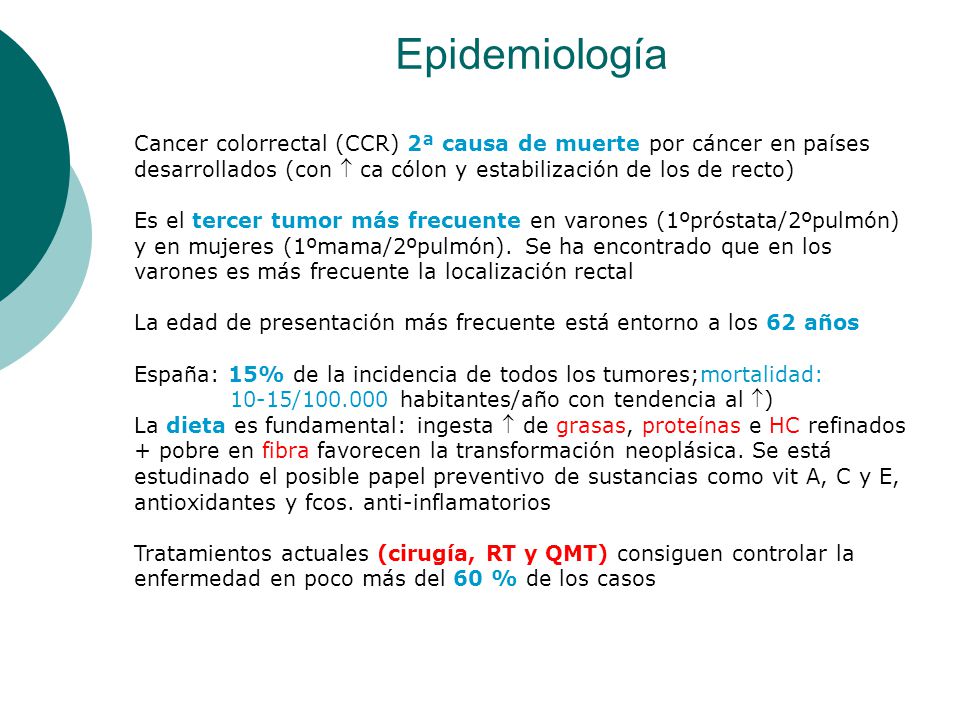 Epidemiología Cancer colorrectal (CCR) 2ª causa de muerte por cáncer en países desarrollados (con  ca cólon y estabilización de los de recto)