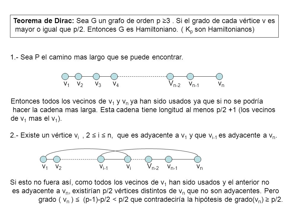 Teorema de Dirac: Sea G un grafo de orden p ≥3