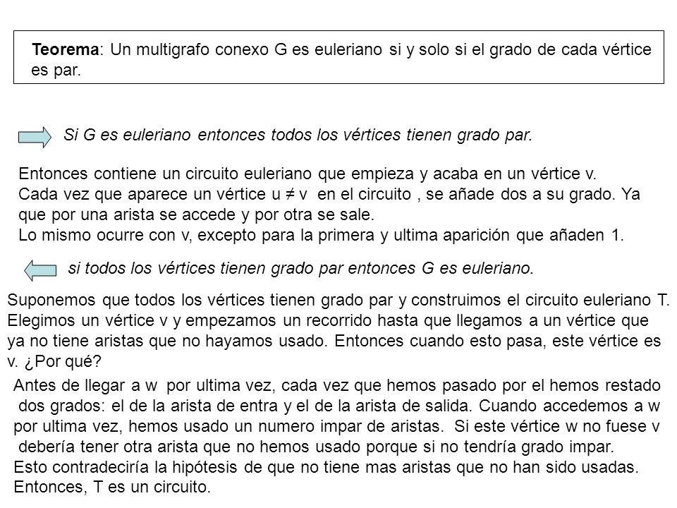 Teorema: Un multigrafo conexo G es euleriano si y solo si el grado de cada vértice