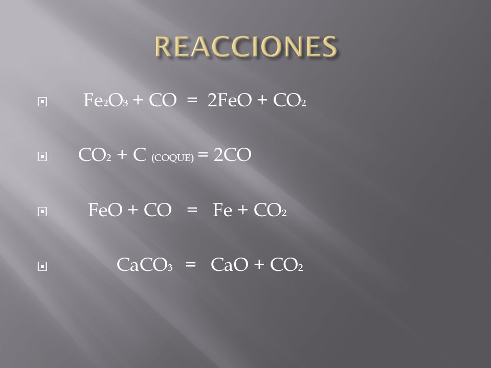 REACCIONES Fe2O3 + CO = 2FeO + CO2 CO2 + C (COQUE) = 2CO