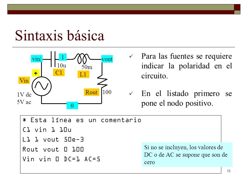 Sintaxis básica Para las fuentes se requiere indicar la polaridad en el circuito. En el listado primero se pone el nodo positivo.