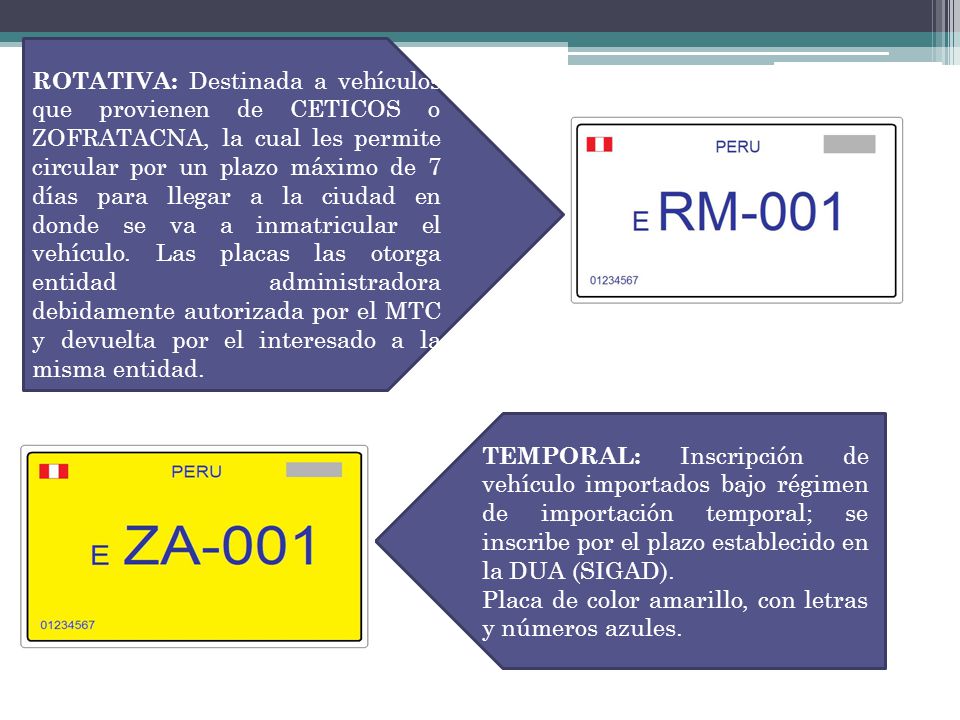 ROTATIVA: Destinada a vehículos que provienen de CETICOS o ZOFRATACNA, la cual les permite circular por un plazo máximo de 7 días para llegar a la ciudad en donde se va a inmatricular el vehículo. Las placas las otorga entidad administradora debidamente autorizada por el MTC y devuelta por el interesado a la misma entidad.