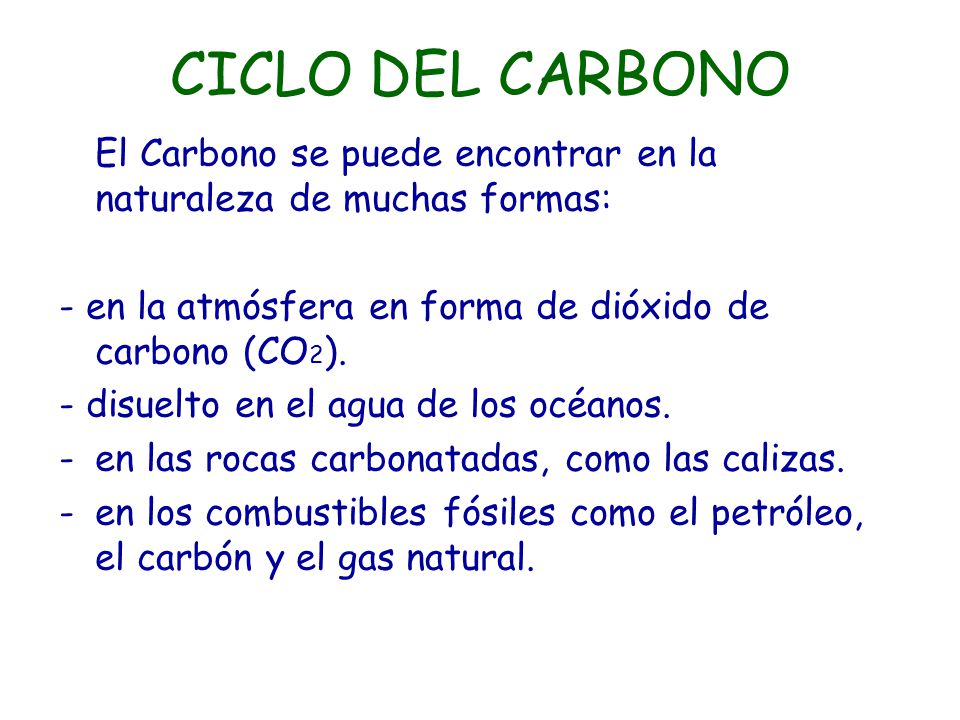 CICLO DEL CARBONO El Carbono se puede encontrar en la naturaleza de muchas formas: - en la atmósfera en forma de dióxido de carbono (CO2).