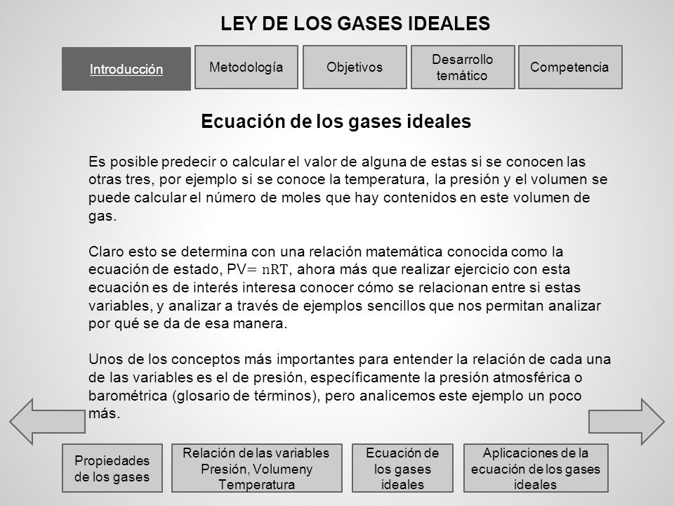 LEY DE LOS GASES IDEALES Ecuación de los gases ideales