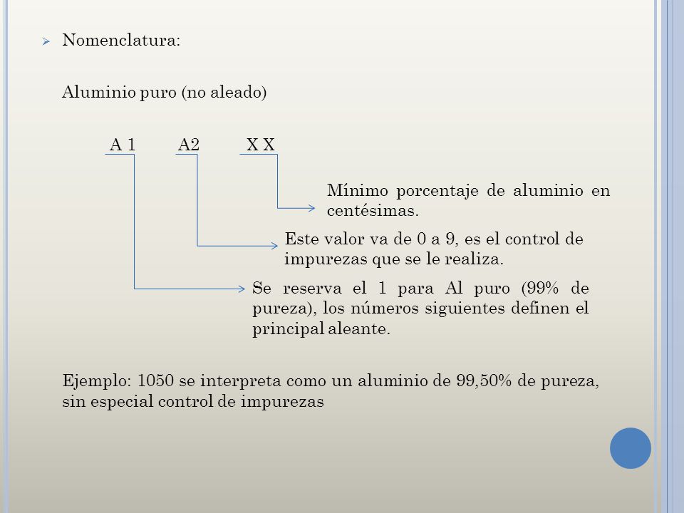 Nomenclatura: Aluminio puro (no aleado) A 1 A2 X X.