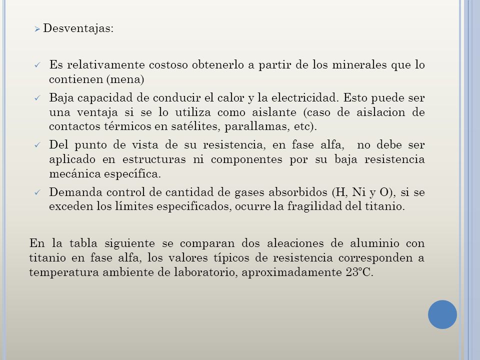 Desventajas: Es relativamente costoso obtenerlo a partir de los minerales que lo contienen (mena)