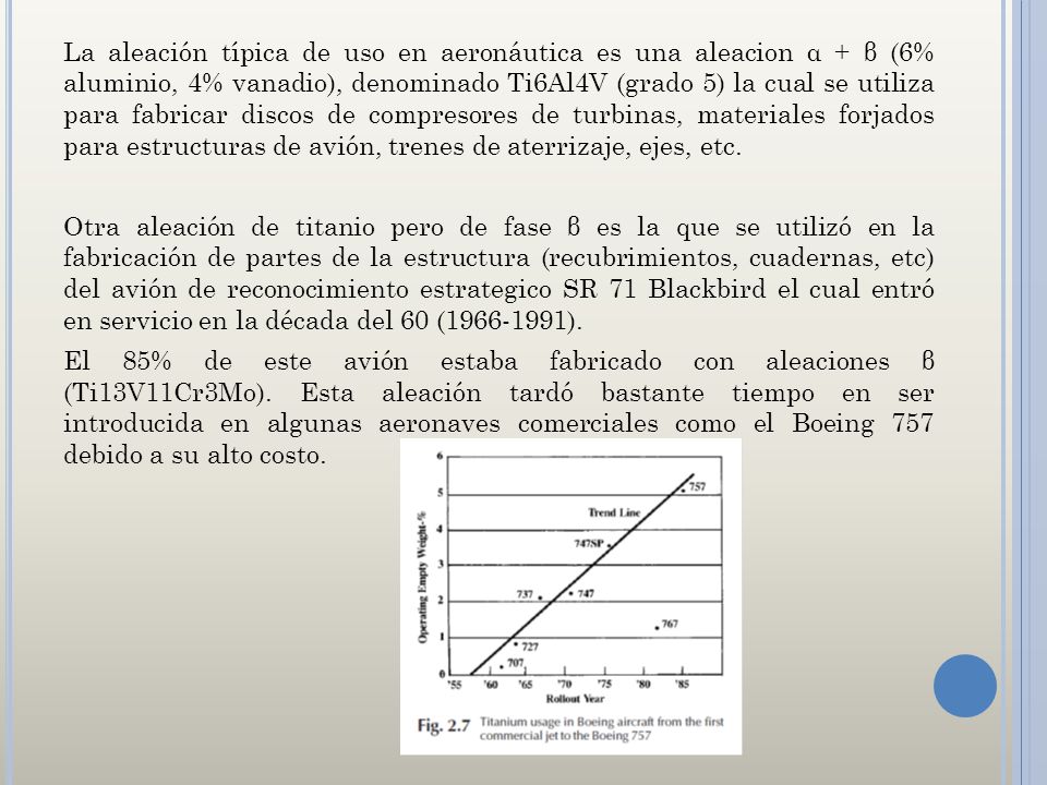 La aleación típica de uso en aeronáutica es una aleacion α + β (6% aluminio, 4% vanadio), denominado Ti6Al4V (grado 5) la cual se utiliza para fabricar discos de compresores de turbinas, materiales forjados para estructuras de avión, trenes de aterrizaje, ejes, etc.