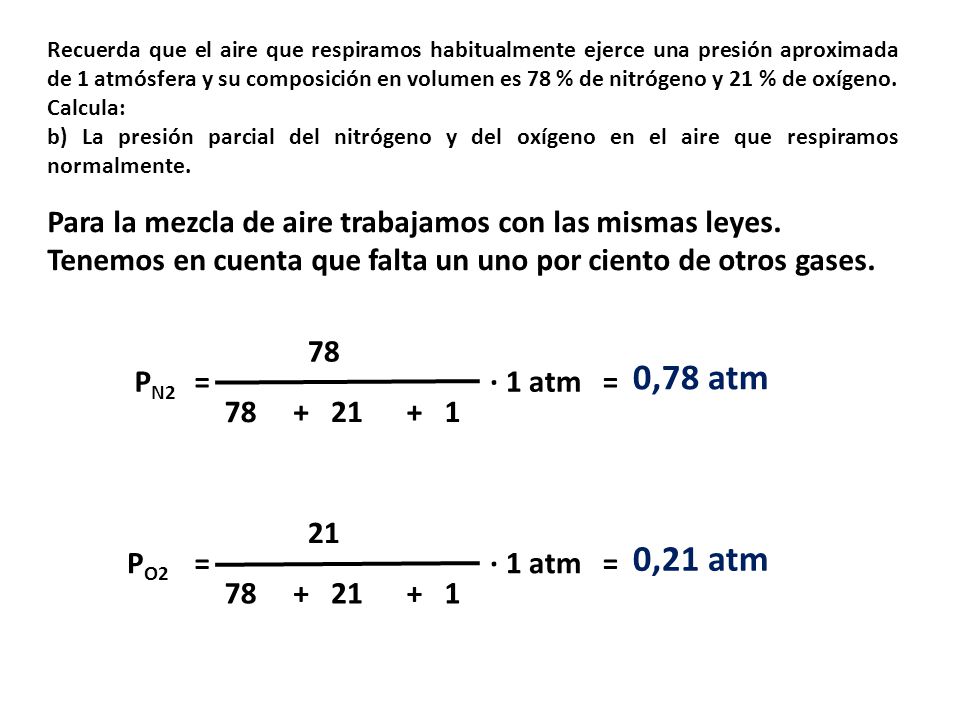 Recuerda que el aire que respiramos habitualmente ejerce una presión aproximada de 1 atmósfera y su composición en volumen es 78 % de nitrógeno y 21 % de oxígeno. Calcula: