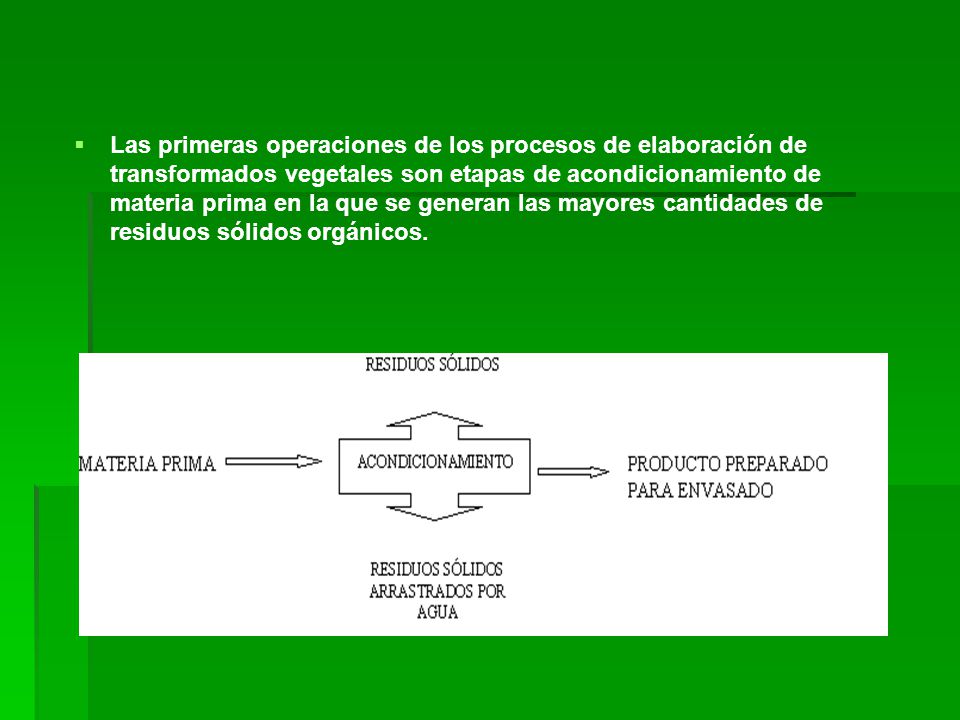 Las primeras operaciones de los procesos de elaboración de transformados vegetales son etapas de acondicionamiento de materia prima en la que se generan las mayores cantidades de residuos sólidos orgánicos.