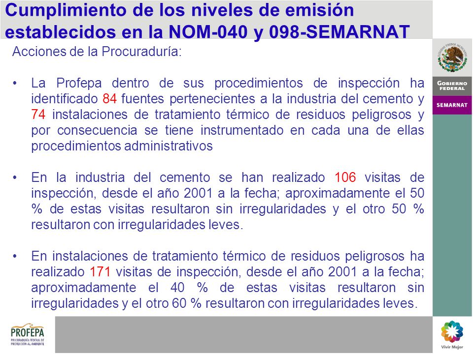 Cumplimiento de los niveles de emisión establecidos en la NOM-040 y 098-SEMARNAT