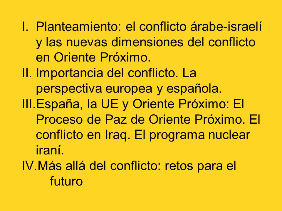 Planteamiento: el conflicto árabe-israelí y las nuevas dimensiones del conflicto en Oriente Próximo.