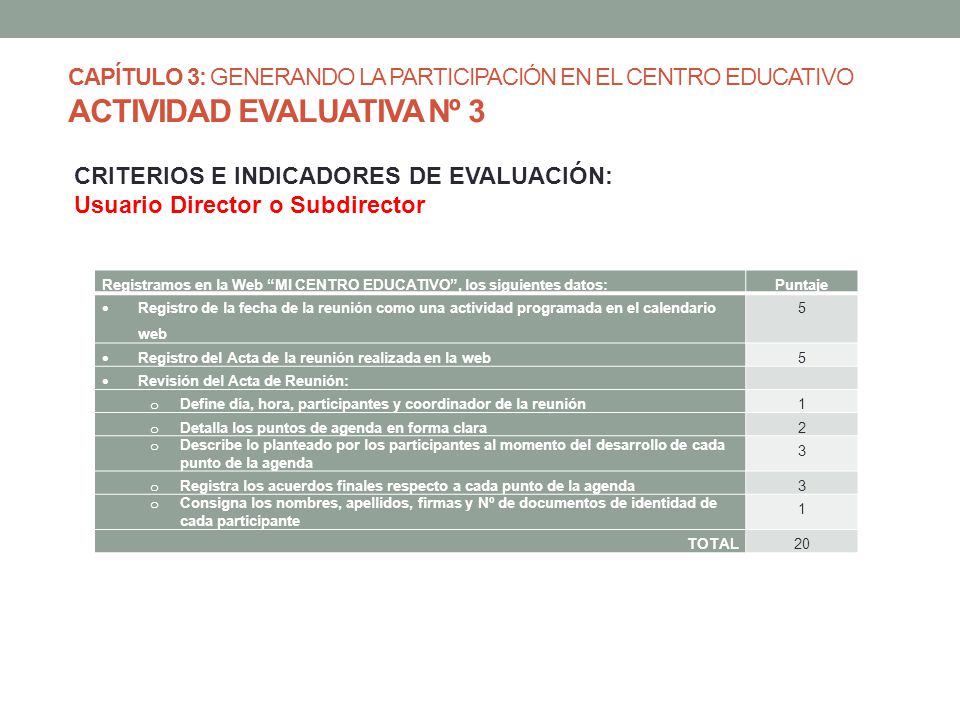 CRITERIOS E INDICADORES DE EVALUACIÓN: Usuario Director o Subdirector