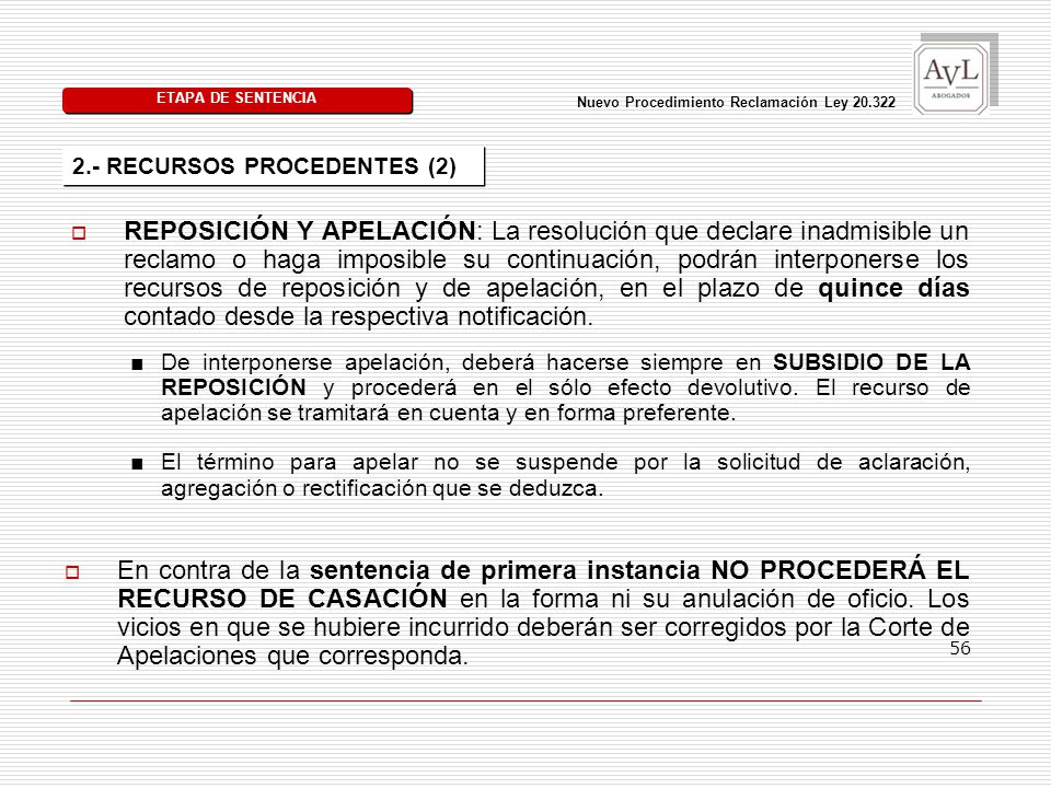ETAPA DE SENTENCIA Nuevo Procedimiento Reclamación Ley RECURSOS PROCEDENTES (2)