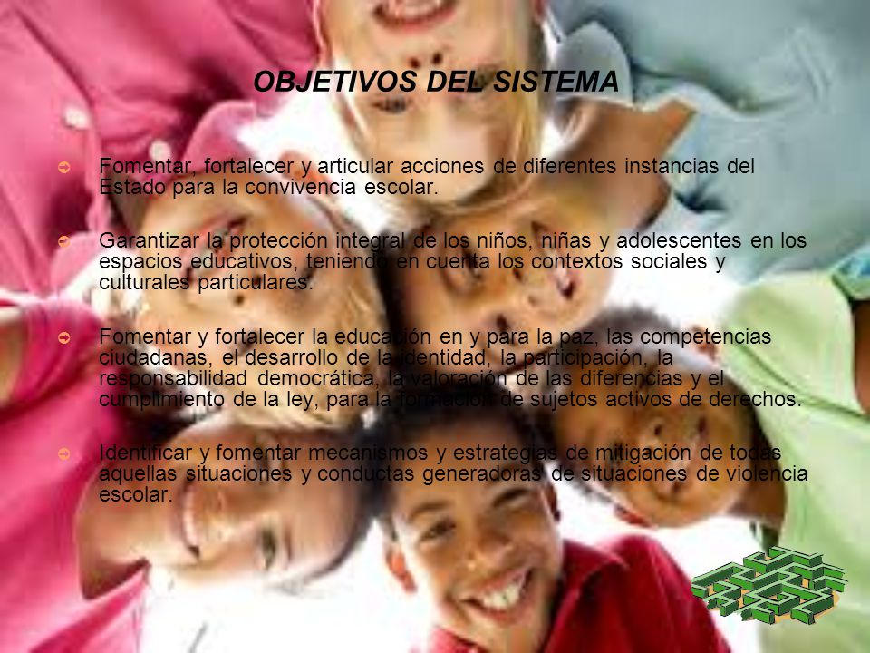 OBJETIVOS DEL SISTEMA Fomentar, fortalecer y articular acciones de diferentes instancias del Estado para la convivencia escolar.