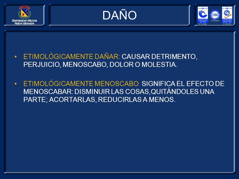 DAÑO ETIMOLÓGICAMENTE DAÑAR: CAUSAR DETRIMENTO, PERJUICIO, MENOSCABO, DOLOR O MOLESTIA.