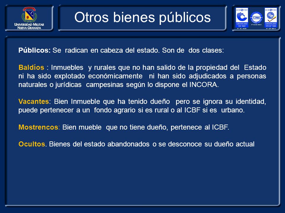 Otros bienes públicos Públicos: Se radican en cabeza del estado. Son de dos clases: