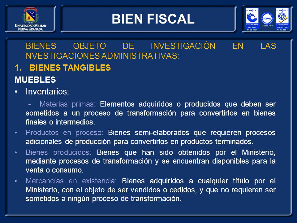 BIEN FISCAL BIENES OBJETO DE INVESTIGACIÓN EN LAS NVESTIGACIONES ADMINISTRATIVAS: BIENES TANGIBLES.