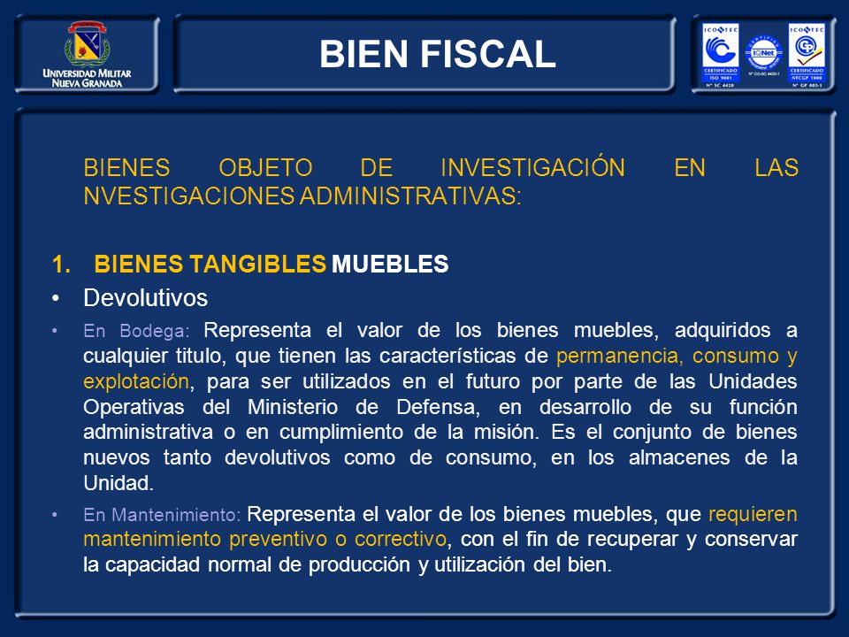 BIEN FISCAL BIENES OBJETO DE INVESTIGACIÓN EN LAS NVESTIGACIONES ADMINISTRATIVAS: BIENES TANGIBLES MUEBLES.