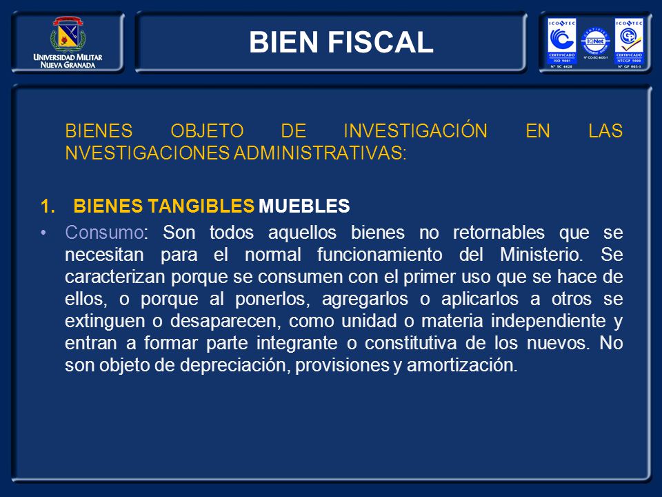 BIEN FISCAL BIENES OBJETO DE INVESTIGACIÓN EN LAS NVESTIGACIONES ADMINISTRATIVAS: BIENES TANGIBLES MUEBLES.