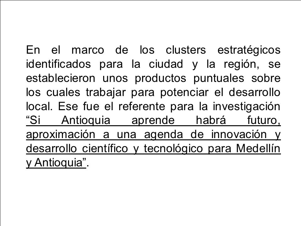 En el marco de los clusters estratégicos identificados para la ciudad y la región, se establecieron unos productos puntuales sobre los cuales trabajar para potenciar el desarrollo local.