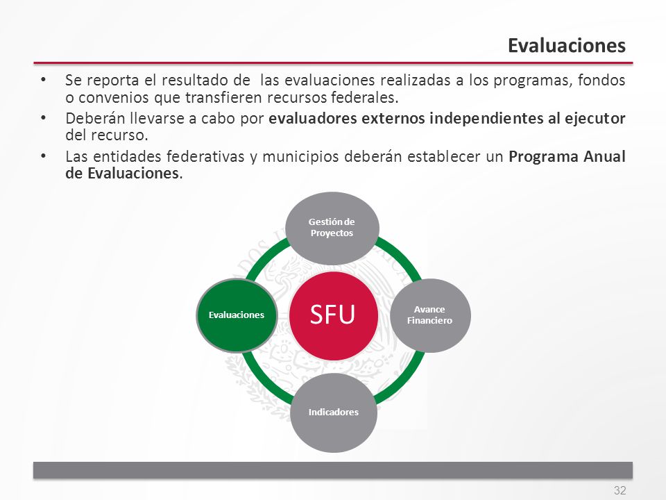 Evaluaciones Se reporta el resultado de las evaluaciones realizadas a los programas, fondos o convenios que transfieren recursos federales.