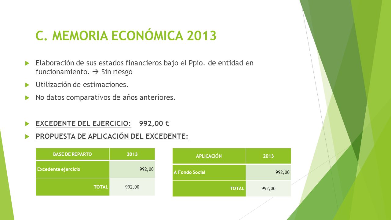C. MEMORIA ECONÓMICA 2013 Elaboración de sus estados financieros bajo el Ppio. de entidad en funcionamiento.  Sin riesgo.