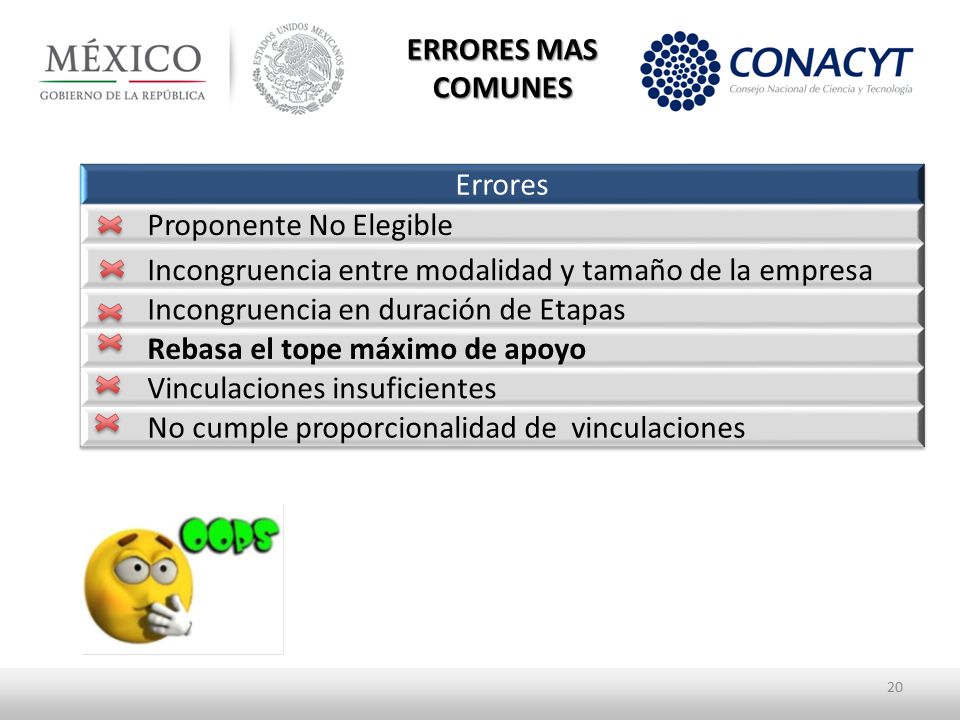 ERRORES MAS COMUNES. Errores. Proponente No Elegible. Incongruencia entre modalidad y tamaño de la empresa.