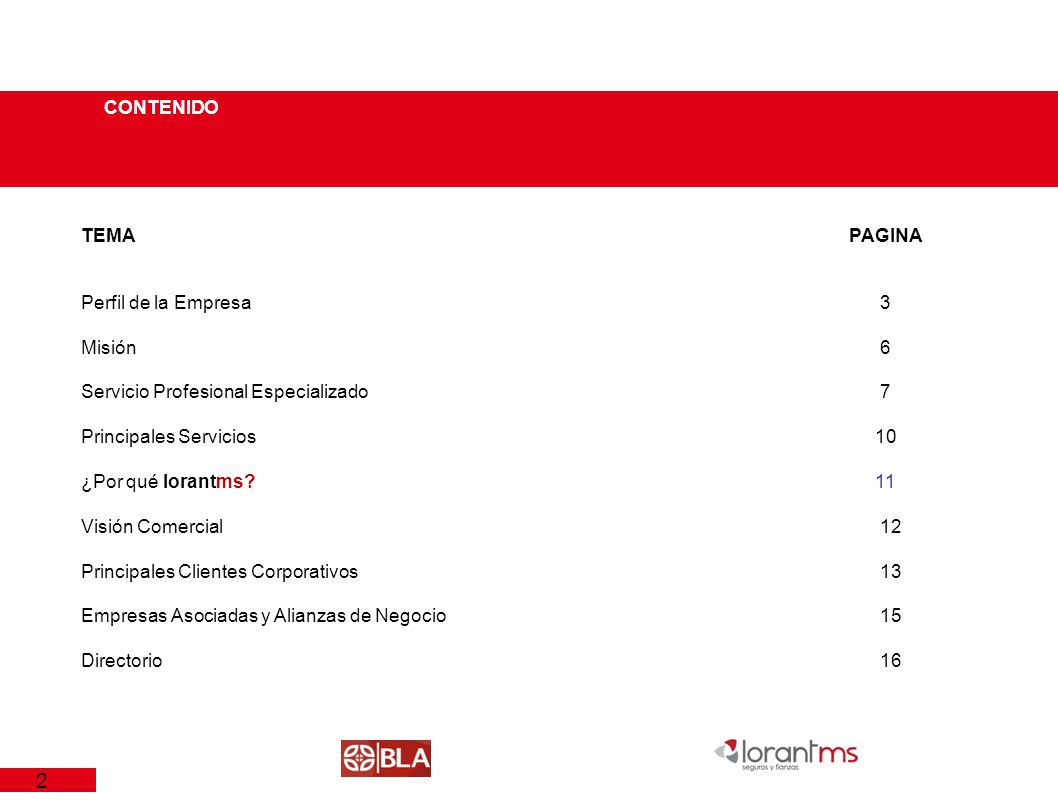 CONTENIDO TEMA PAGINA. Perfil de la Empresa 3. Misión 6. Servicio Profesional Especializado 7.
