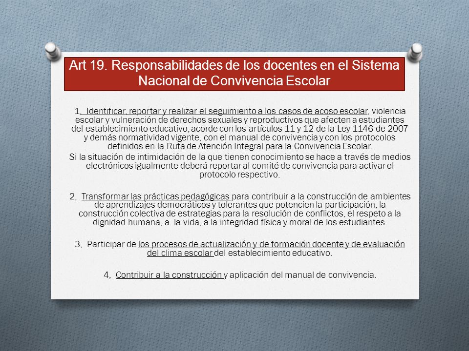 Art 19. Responsabilidades de los docentes en el Sistema Nacional de Convivencia Escolar