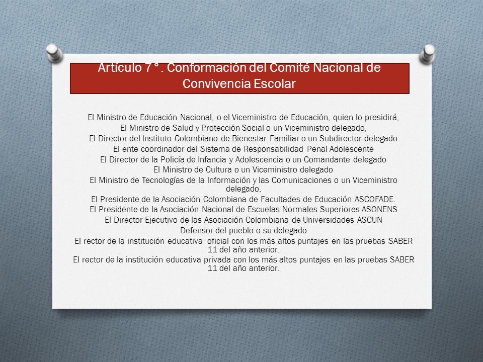 Artículo 7°. Conformación del Comité Nacional de Convivencia Escolar