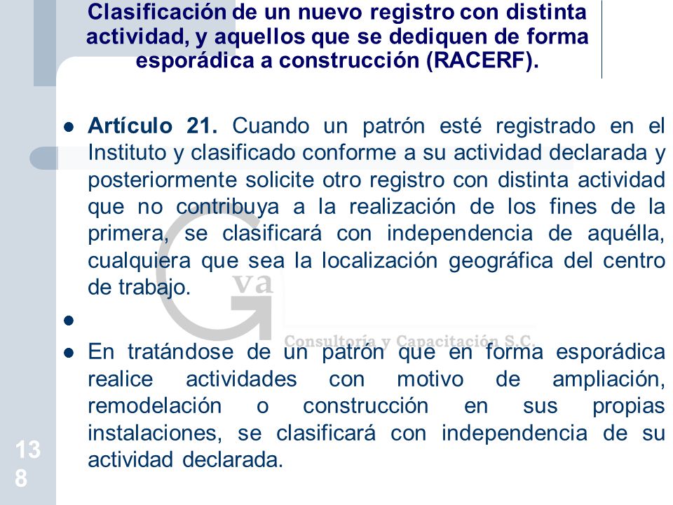 Clasificación de un nuevo registro con distinta actividad, y aquellos que se dediquen de forma esporádica a construcción (RACERF).
