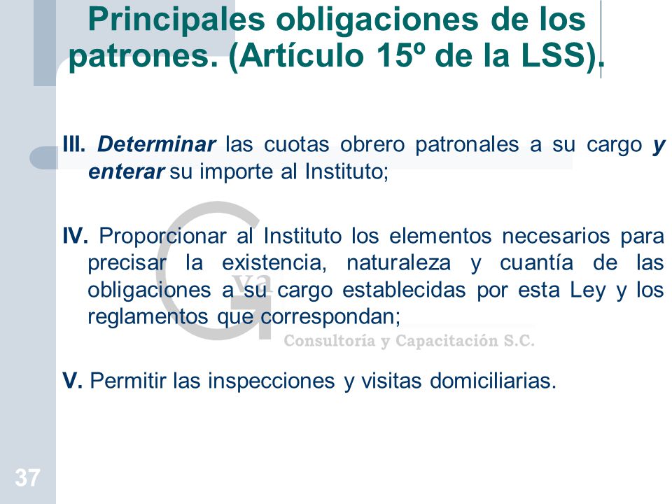 Principales obligaciones de los patrones. (Artículo 15º de la LSS).