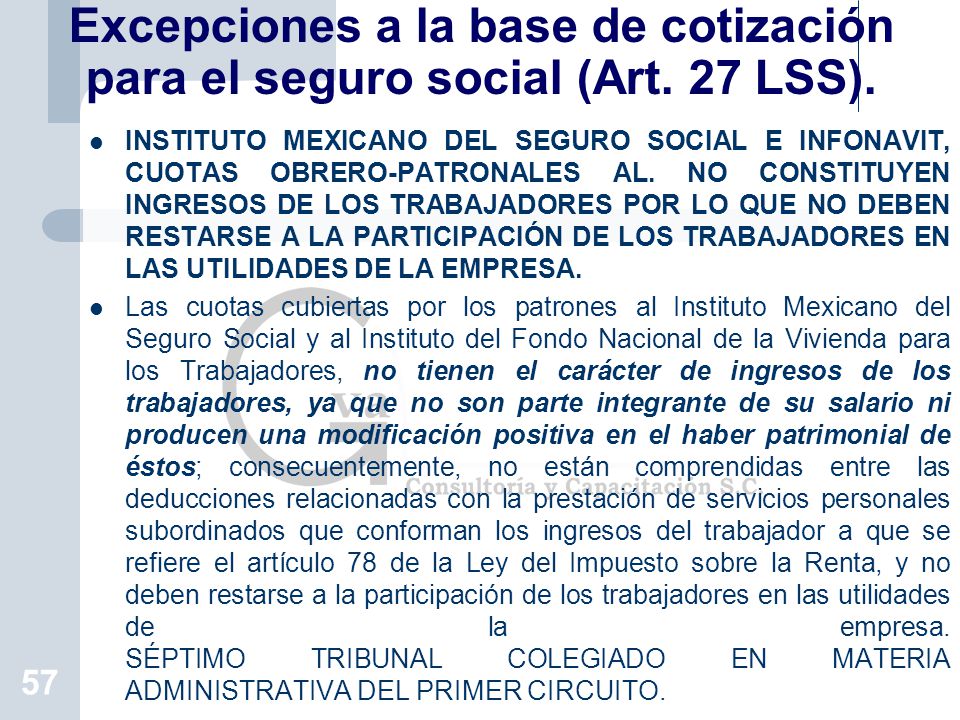 Excepciones a la base de cotización para el seguro social (Art. 27 LSS).