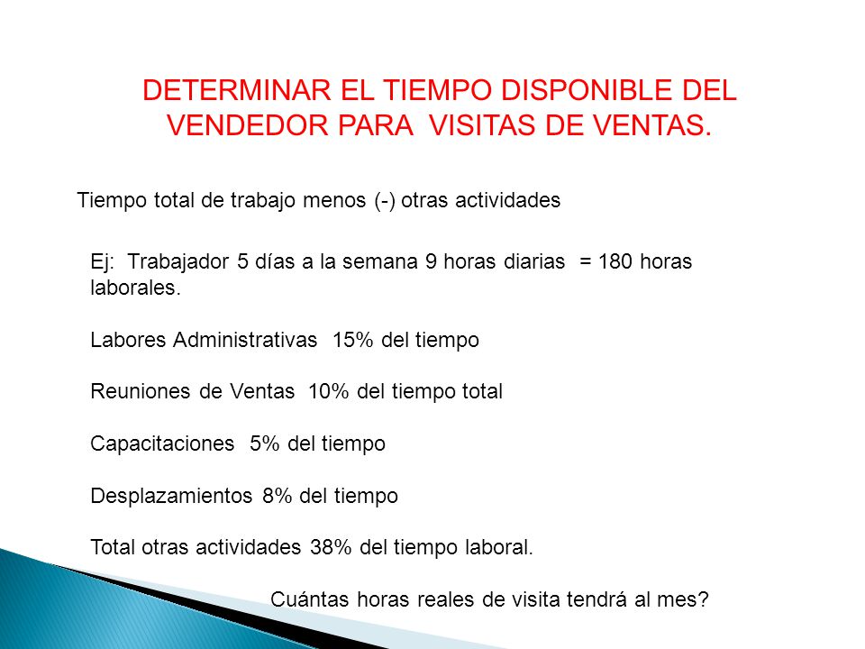 DETERMINAR EL TIEMPO DISPONIBLE DEL VENDEDOR PARA VISITAS DE VENTAS.