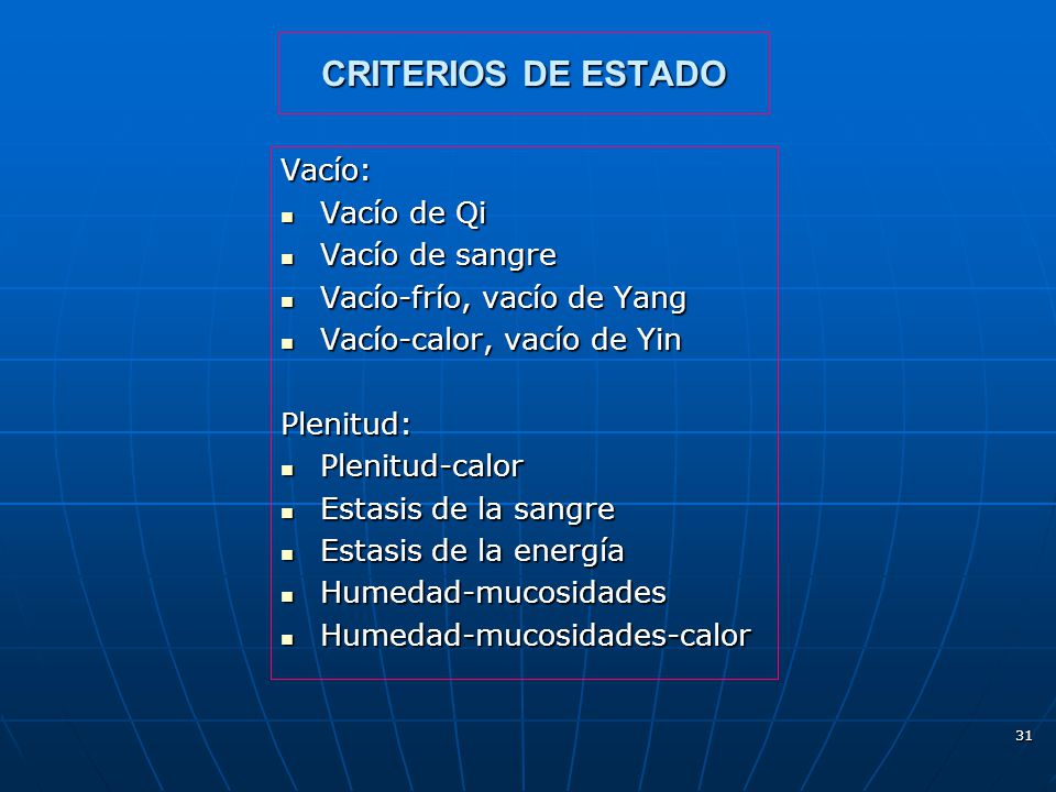CRITERIOS DE ESTADO Vacío: Vacío de Qi Vacío de sangre