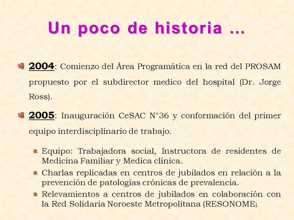 Un poco de historia … 2004: Comienzo del Área Programática en la red del PROSAM propuesto por el subdirector medico del hospital (Dr. Jorge Ross).