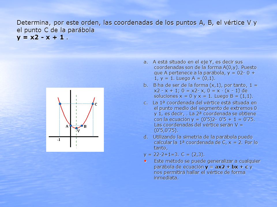 Determina, por este orden, las coordenadas de los puntos A, B, el vértice V y el punto C de la parábola y = x2 - x + 1 .