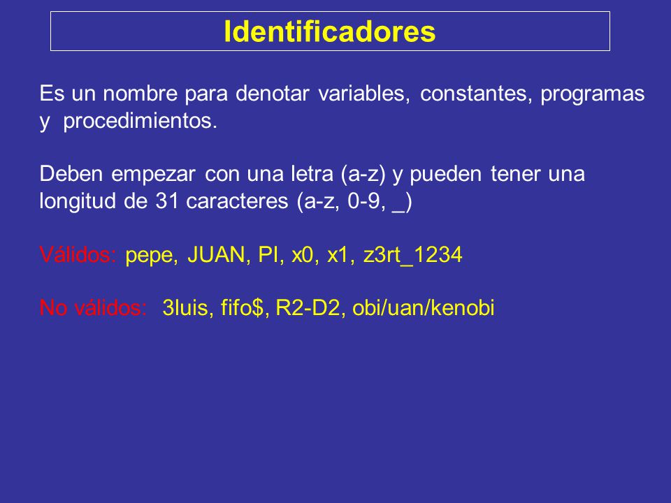 Identificadores Es un nombre para denotar variables, constantes, programas y procedimientos.