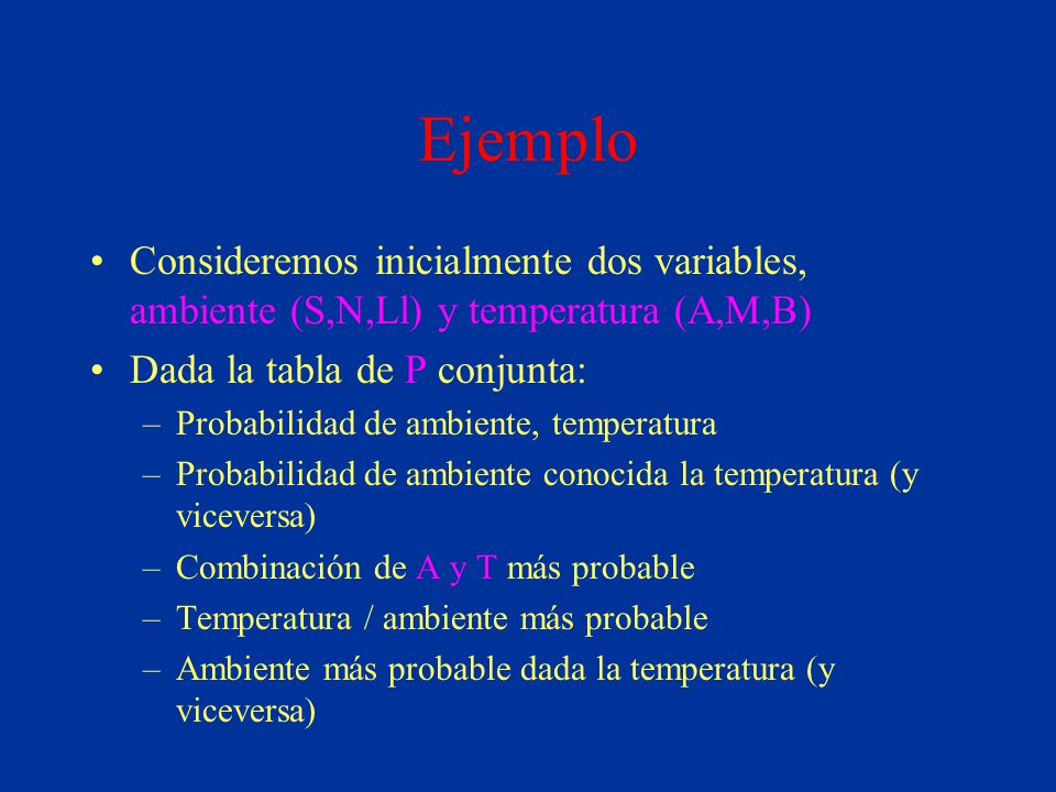 Ejemplo Consideremos inicialmente dos variables, ambiente (S,N,Ll) y temperatura (A,M,B) Dada la tabla de P conjunta: