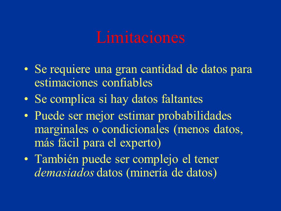 Limitaciones Se requiere una gran cantidad de datos para estimaciones confiables. Se complica si hay datos faltantes.