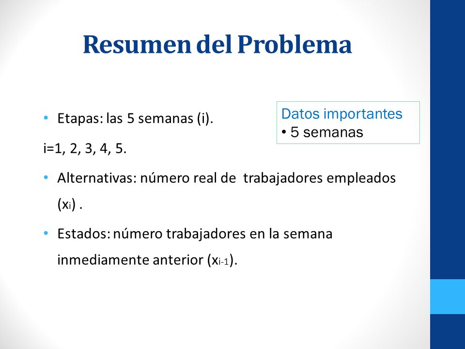 Resumen del Problema Etapas: las 5 semanas (i). i=1, 2, 3, 4, 5.