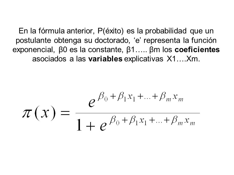 En la fórmula anterior, P(éxito) es la probabilidad que un postulante obtenga su doctorado, ‘e’ representa la función exponencial, β0 es la constante, β1…..