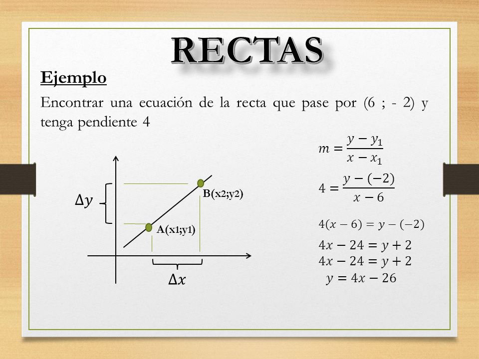 RECTAS Ejemplo. Encontrar una ecuación de la recta que pase por (6 ; - 2) y tenga pendiente 4. 𝑚= 𝑦− 𝑦 1 𝑥− 𝑥 1.