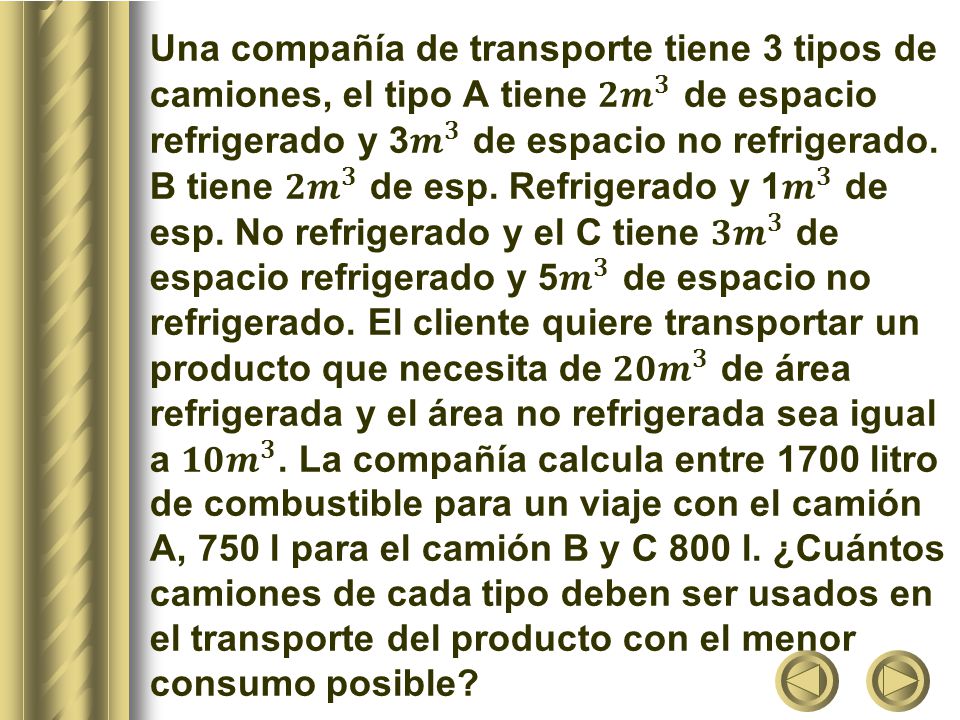 Una compañía de transporte tiene 3 tipos de camiones, el tipo A tiene 𝟐 𝒎 𝟑 de espacio refrigerado y 3 𝒎 𝟑 de espacio no refrigerado.
